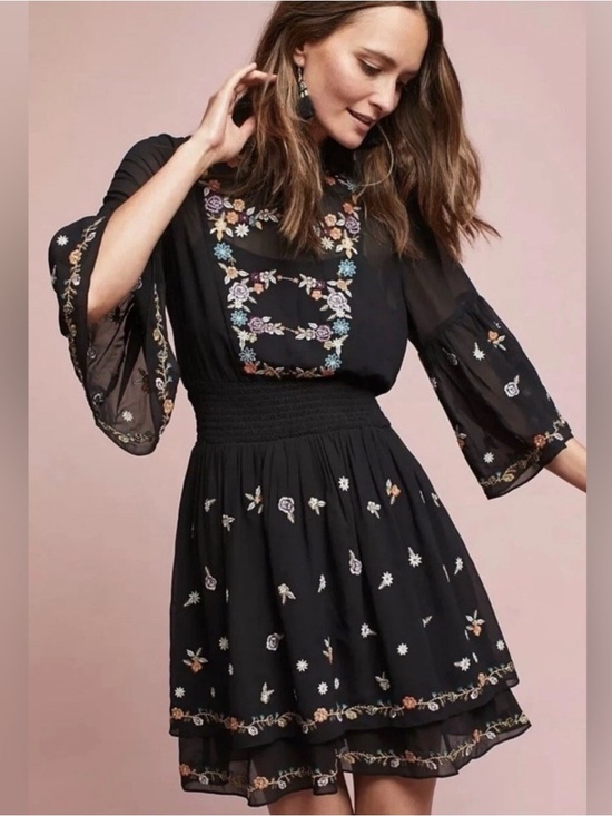 Maeve Dresses & Skirts - Maeve Anthropologie Black Floral Embroidered Layered Sheer Ruffle Mini Dress